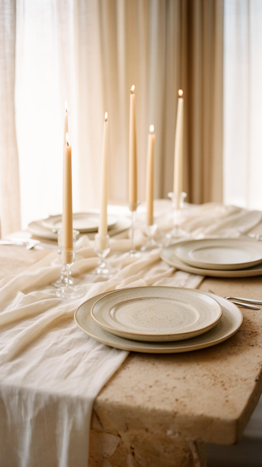 A quietly styled ivory tablescape in soft natural light